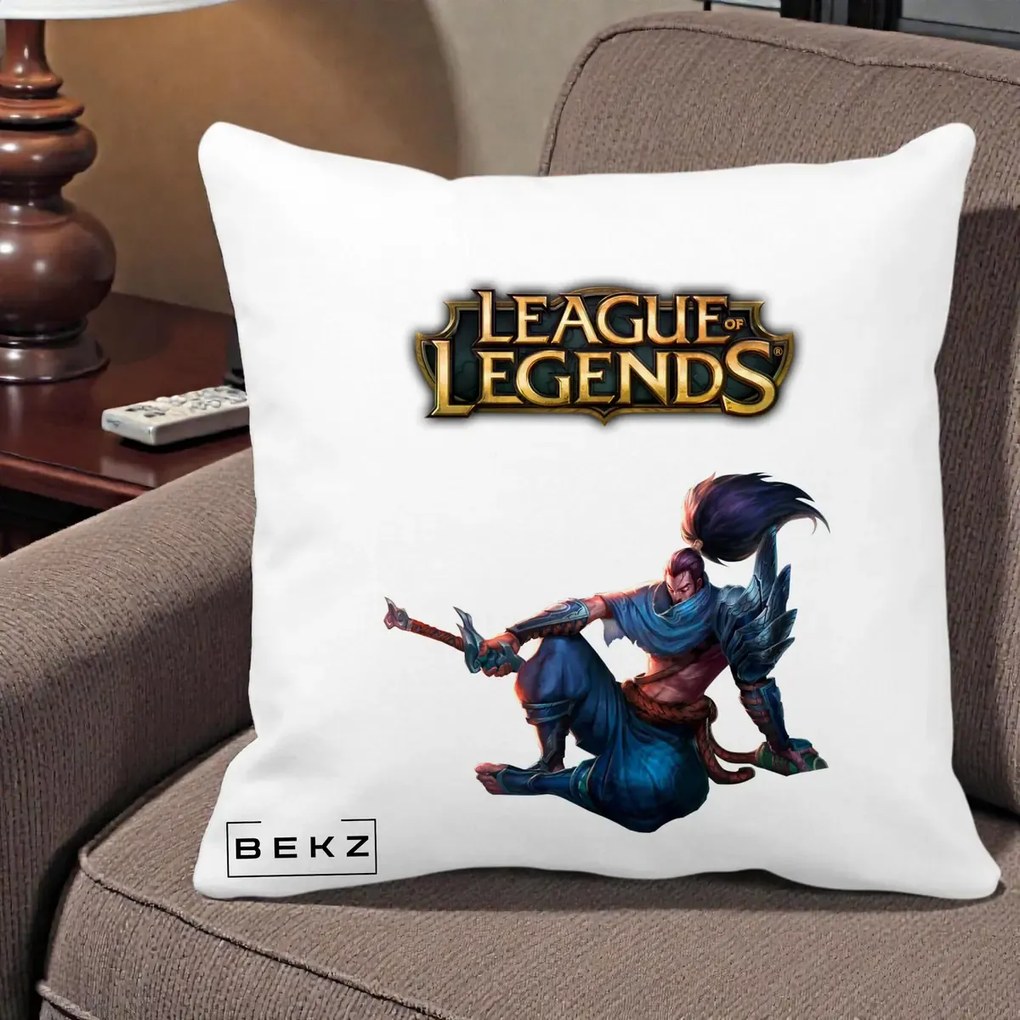 Perna Personalizata League of Legends Yasuo, 40x40 cm, Alba Mata, Husa Detasabila, Perna Inclusa, BEKZ®