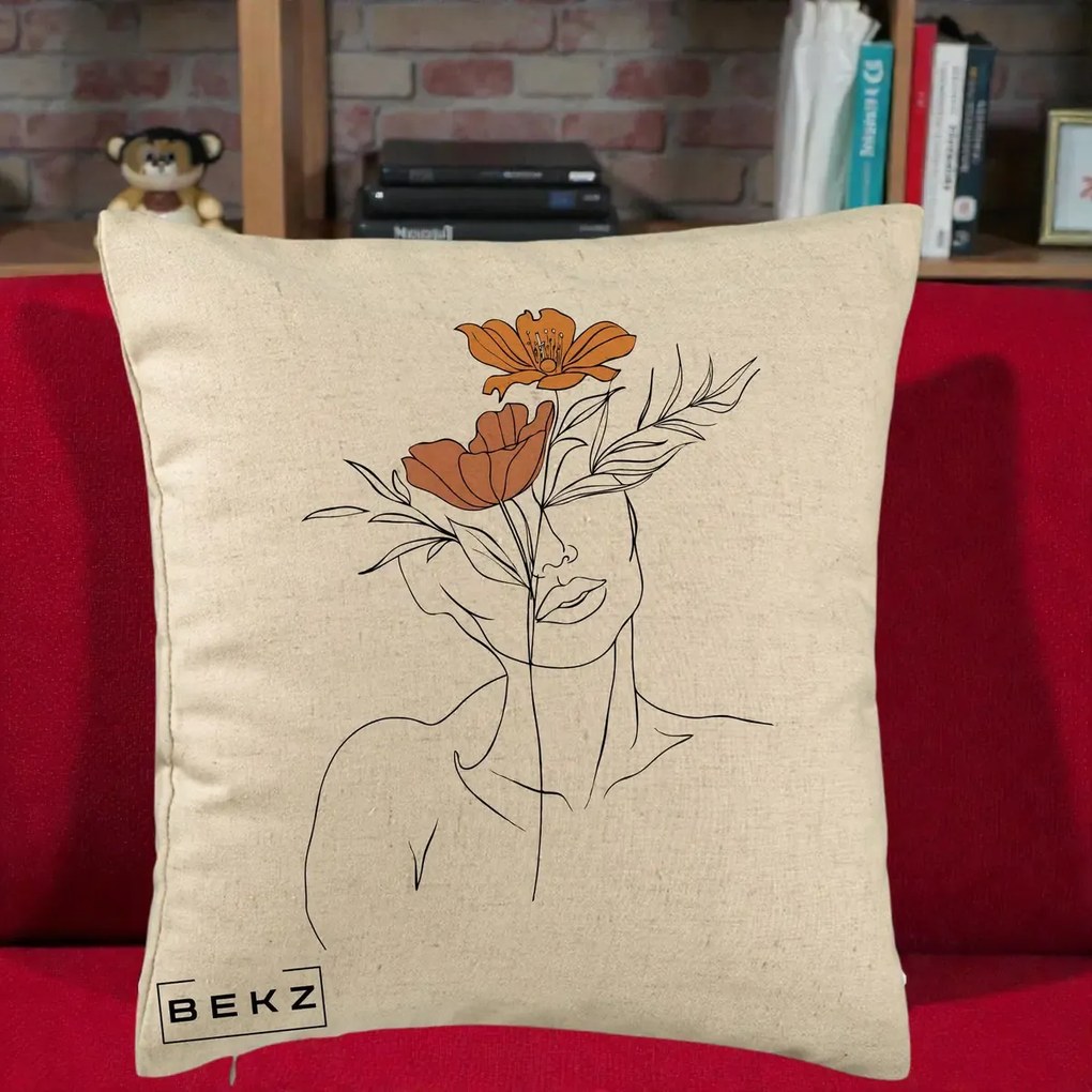 Perna Decorativa Portret Feminin Doua Flori, 40x40 cm, Bej, Husa Detasabila, Perna Inclusa, BEKZ®