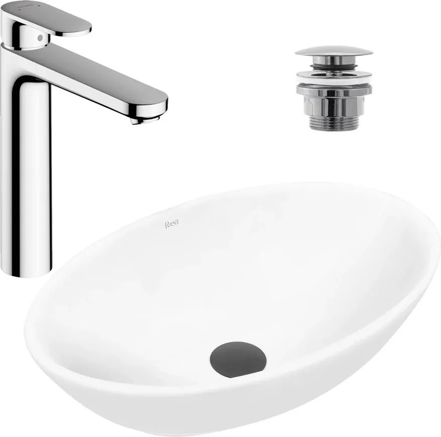 Pachet lavoar pe blat Rea Pamela alb 53 cm, baterie lavoar Hansgrohe Vernis Blend crom si ventil lavoar Click-Clack crom
