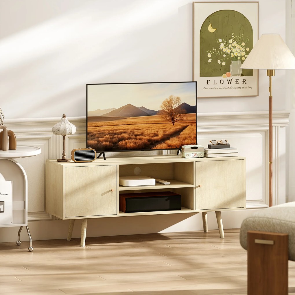 HOMCOM Comodă TV pentru Televizoare de Până la 55", cu 2 Dulapuri și 2 Rafturi, Culoare Lemn | Aosom Romania