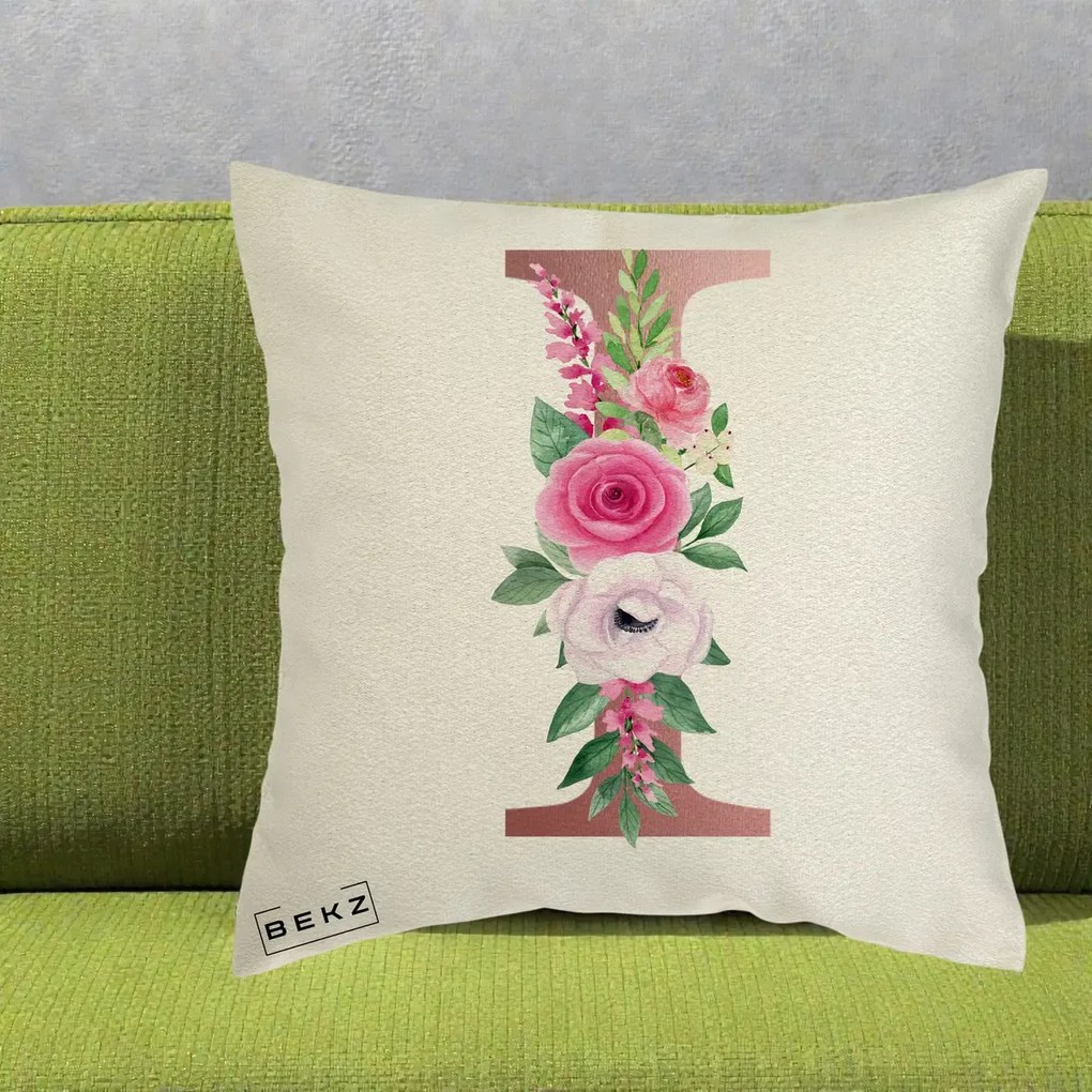 Cadou Personalizat - Perna Personalizata Monograma Rose Gold Litera I, 40x40 cm, Ecru, Husa Detasabila, Perna Inclusa, BEKZ®