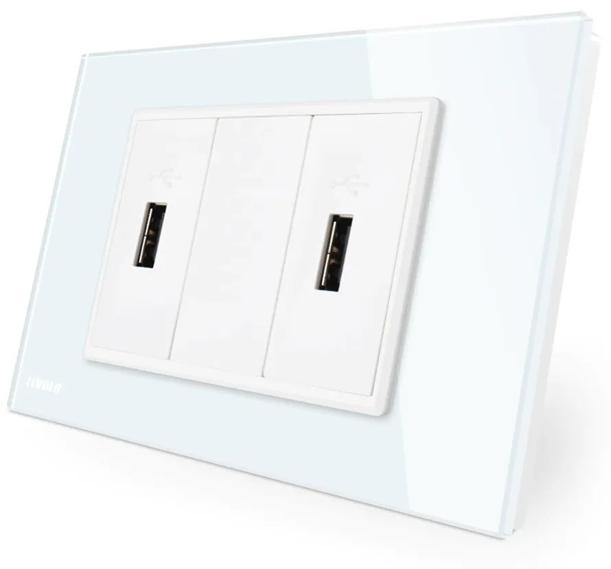 Priza dubla USB Livolo cu rama din sticla – standard italian