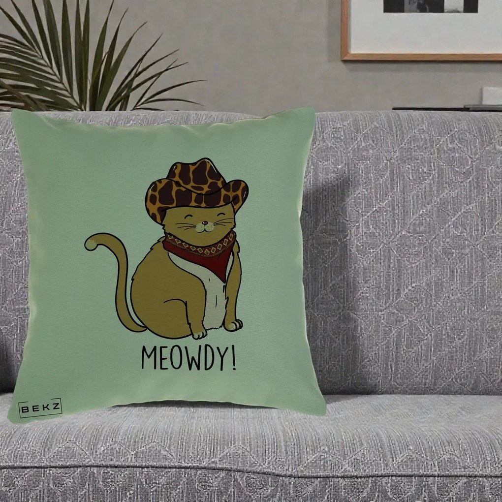 Perna Decorativa Pisica Cowboy Meowdy, 40x40 cm, Verde, Husa Detasabila, Perna Inclusa, BEKZ®