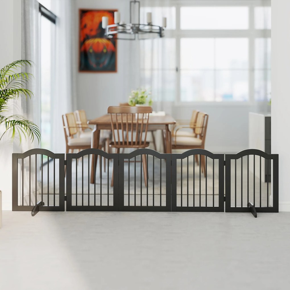 PawHut Gard delimitare pentru câini, grilaj de protecție independent cu picioare, pliabil, 5 panouri, 261,5 x 29,5 x 61 cm, Negru | Aosom Romania