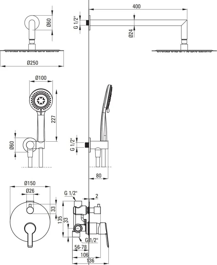 Arnika Titan Set de dus incastrat cu baterie , para de dus si dispersor fix, finisaj titanium NACD9QP