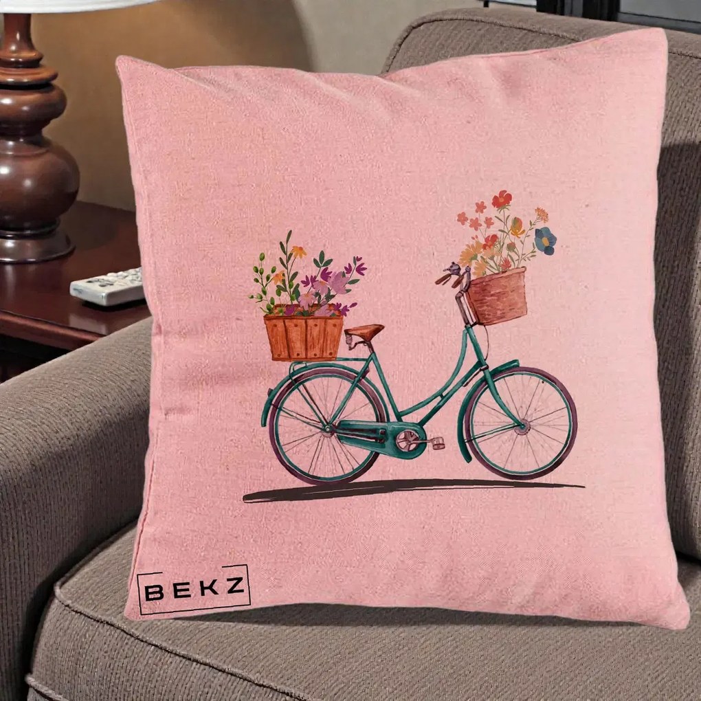 Perna Decorativa Bicicleta Florala Turcoaz Acuarela, 40x40 cm, Roz, Husa Detasabila, Perna Inclusa, BEKZ®