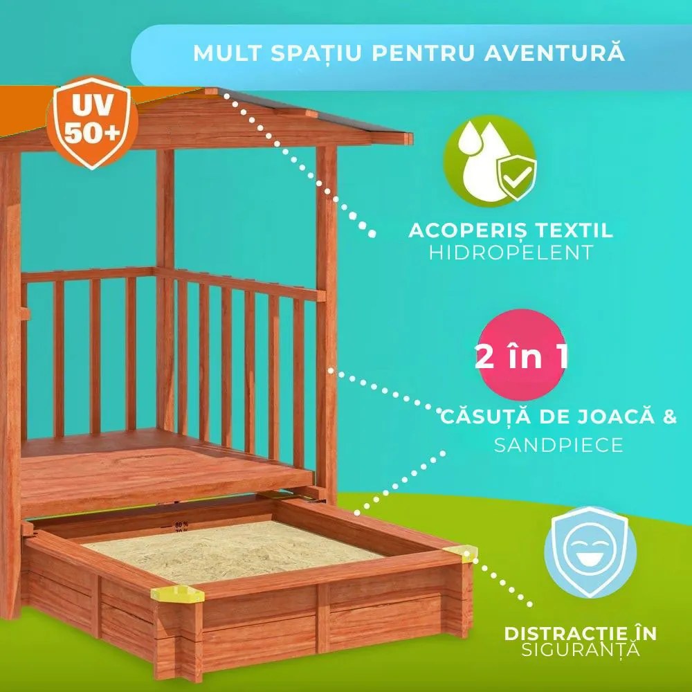 Groapa cu nisip cu verandă SUNNY, 130x130x143cm, maro/portocalie Jurhan