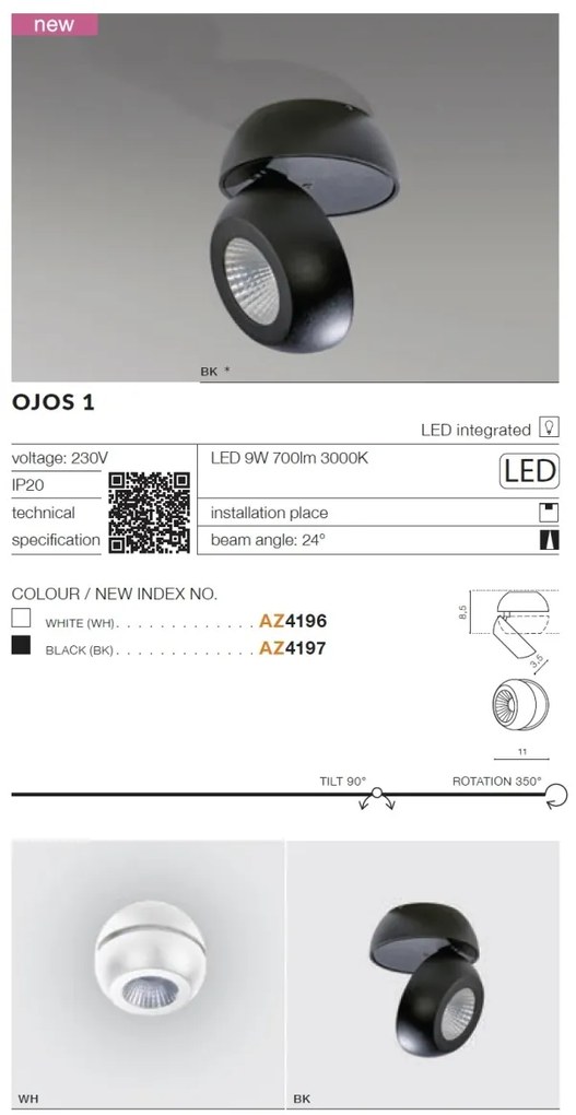 Spot LED aplicat directionabil de tavan/plafon OJOS 1 alb