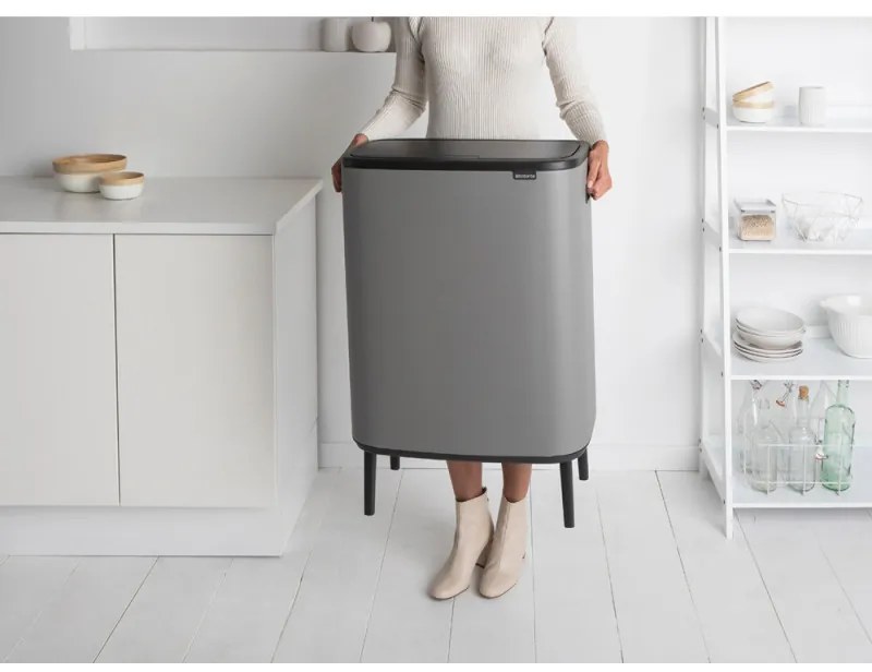 Cos de gunoi Brabantia Bo Touch Hi 1001266, 2x30 L, Perfect langa perete, Reglare picioare, Acoperit cu minerale, Gri