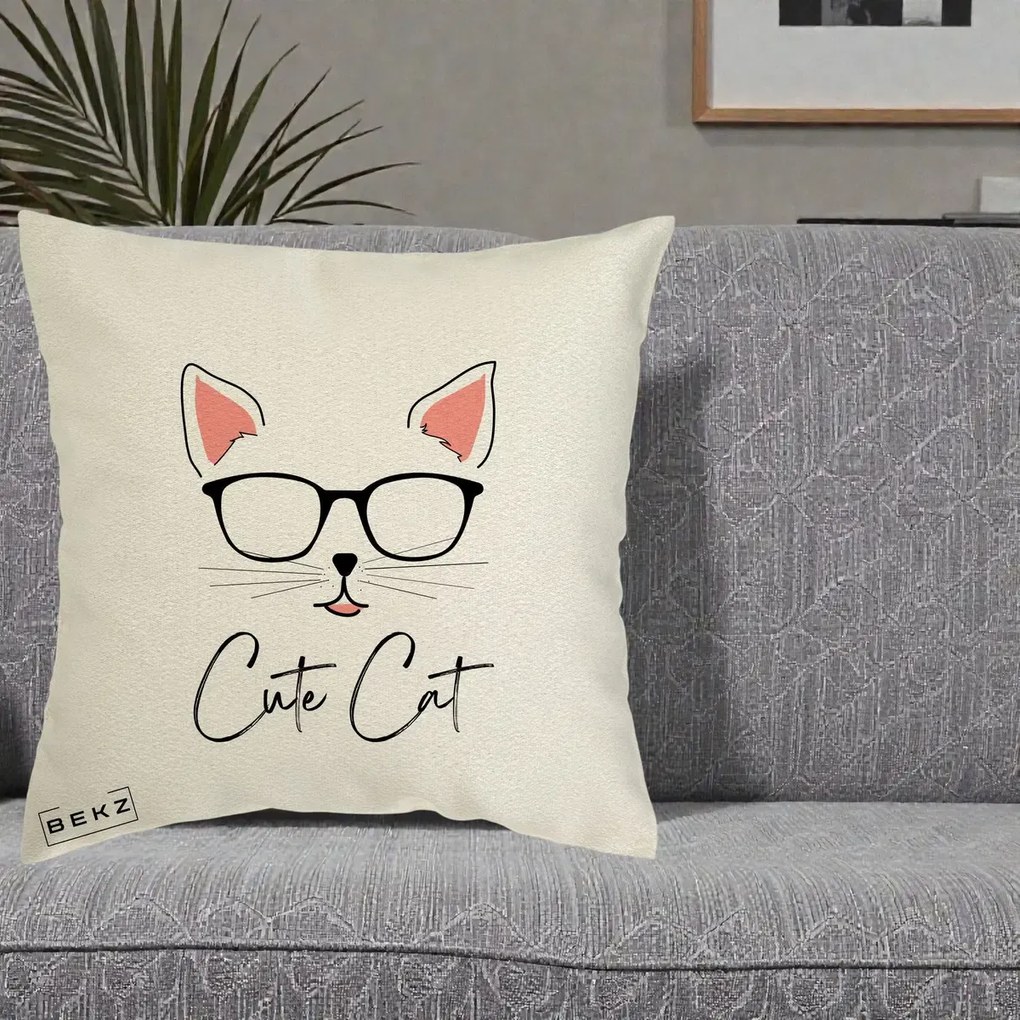 Perna Personalizata Cute Cat cu Ochelari, 40x40 cm, Ecru, Husa Detasabila, Perna Inclusa, BEKZ®