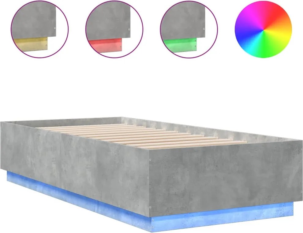 vidaXL Cadru de pat cu lumini LED, gri beton, 90x200 cm lemn prelucrat