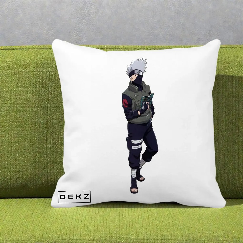 Perna Personalizata Naruto Kakashi Hatake Portret Complet, 40x40 cm, Alba Mata, Husa Detasabila, Perna Inclusa, BEKZ®