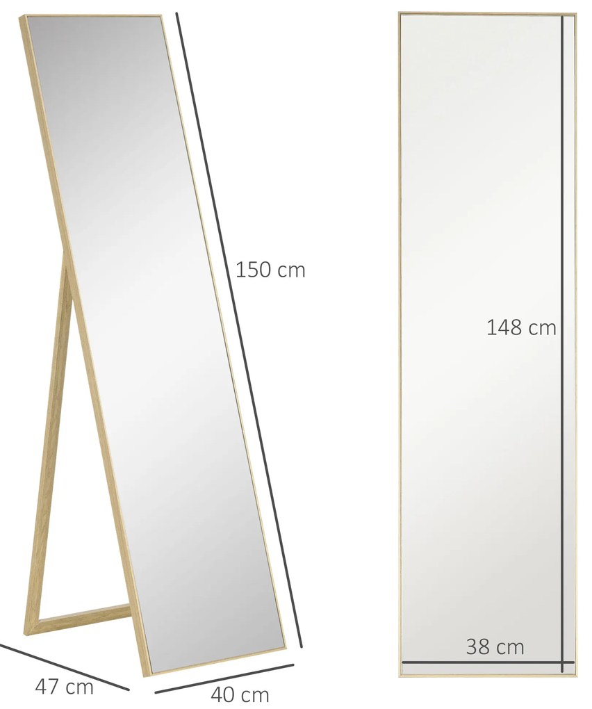 HOMCOM Oglindă rectangulară de podea pentru vestiar, living, baie, hol 40 x 47 x 147 cm natural | Aosom Romania