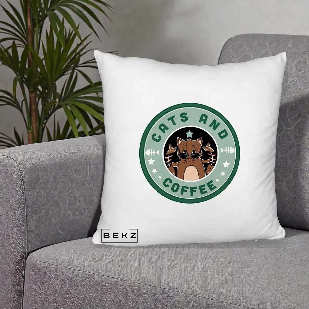Perna Personalizata Cats and Coffee Starbucks, 40x40 cm, Alb Pufos, Husa Detasabila, Perna Inclusa, BEKZ®