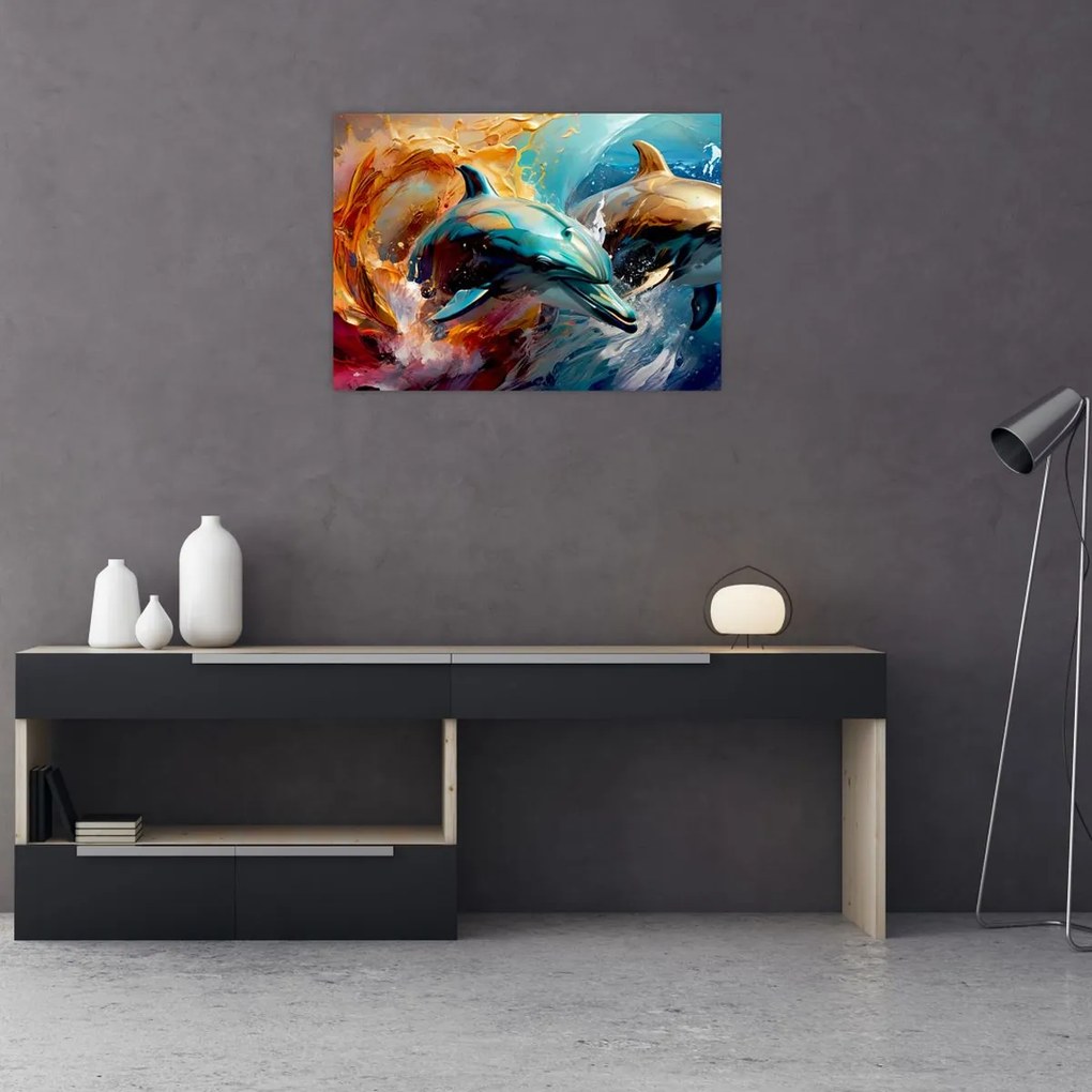 Tablou pe sticlă - Pictură de delfin (70x50 cm)