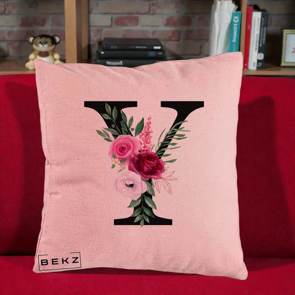 Cadou Personalizat - Perna Personalizata Monograma Florala Litera Y cu Buchet, 40x40 cm, Roz, Husa Detasabila, Perna Inclusa, BEKZ®