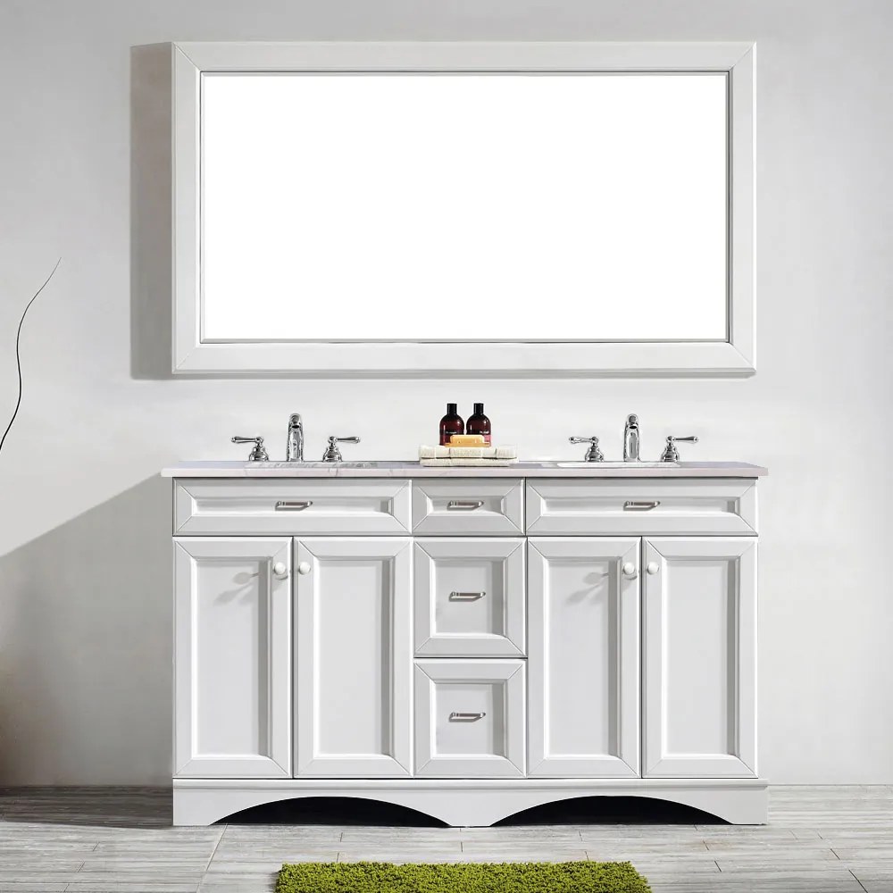 Set mobilier baie, dulap lemn 3 sertare cu dublu lavoar, blat quartz + oglinda rama lemn, Egora 152.4x55.8x86 cm, alb