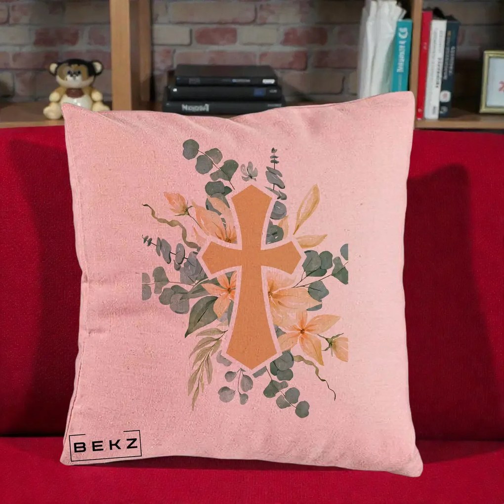 Perna Personalizata Cruce Florala Botez, 40x40 cm, Roz, Husa Detasabila, Perna Inclusa, BEKZ®