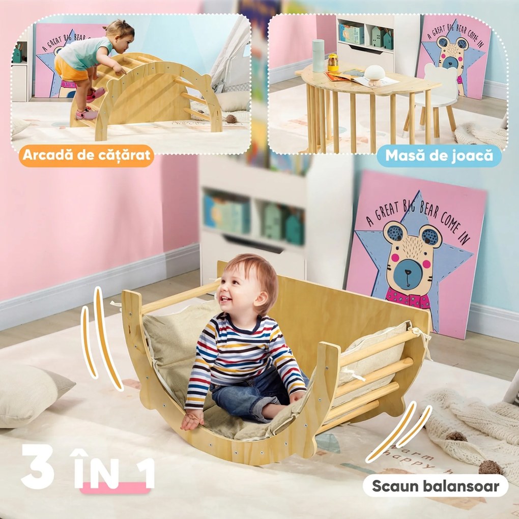 AIYAPLAY Arc Montessori 3 în 1 pentru Copii de 18-48 Luni, Structură de Cățărare, Măsuță și Balansoar cu Pernă | Aosom Romania