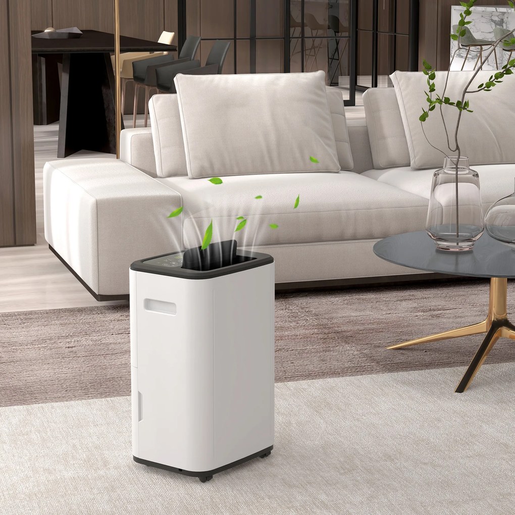 HOMCOM Dezumidificator Electric Rezervor Apă 6 L 20L/zi cu 3 Moduri 2 Trepte Temporizator 33,5x26x53 cm Alb | Aosom Romania