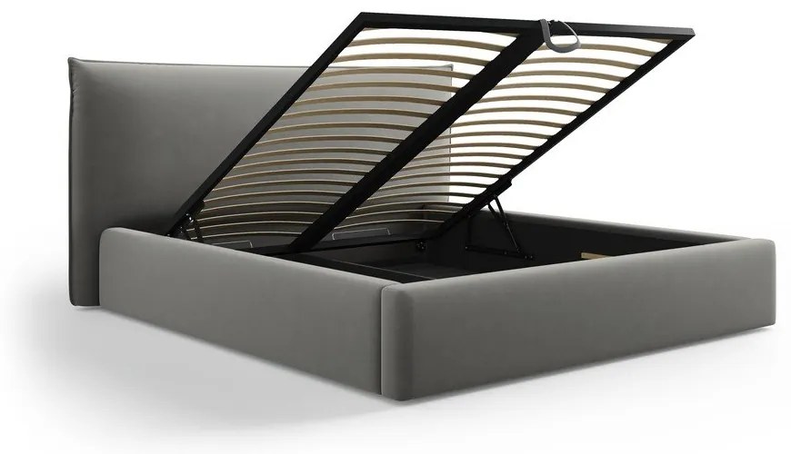 Pat matrimonial gri tapițat cu spațiu de depozitare cu somieră 160x200 cm Elio – Milo Casa