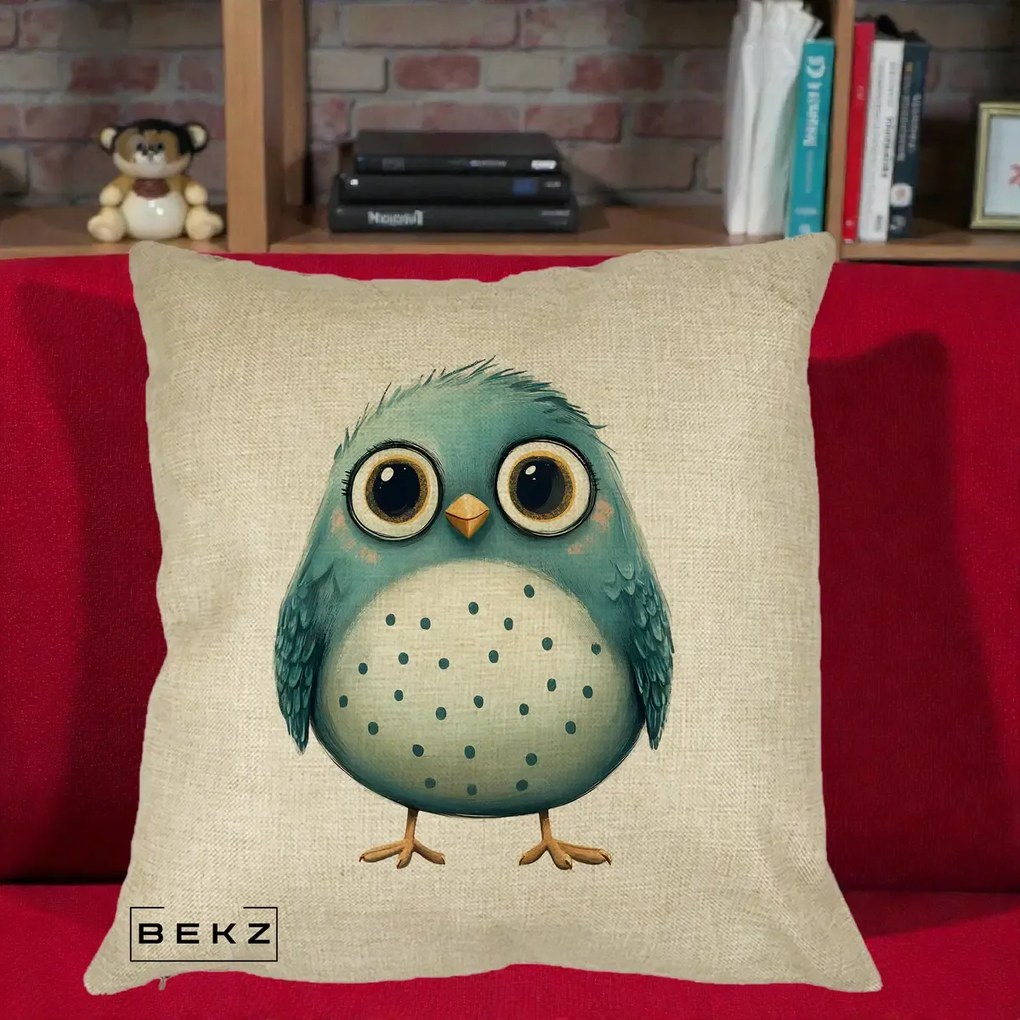 Perna Decorativa Pasare Teal cu Buline Teal, 40x40 cm, Crem, Husa Detasabila, Perna Inclusa, BEKZ®
