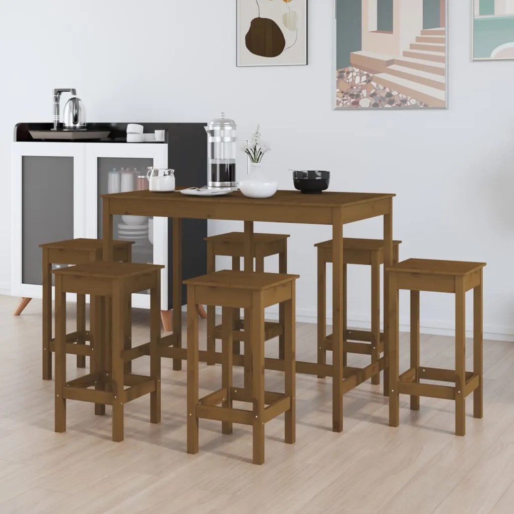 Set mobilier de bar, 7 piese, maro miere, lemn masiv de pin