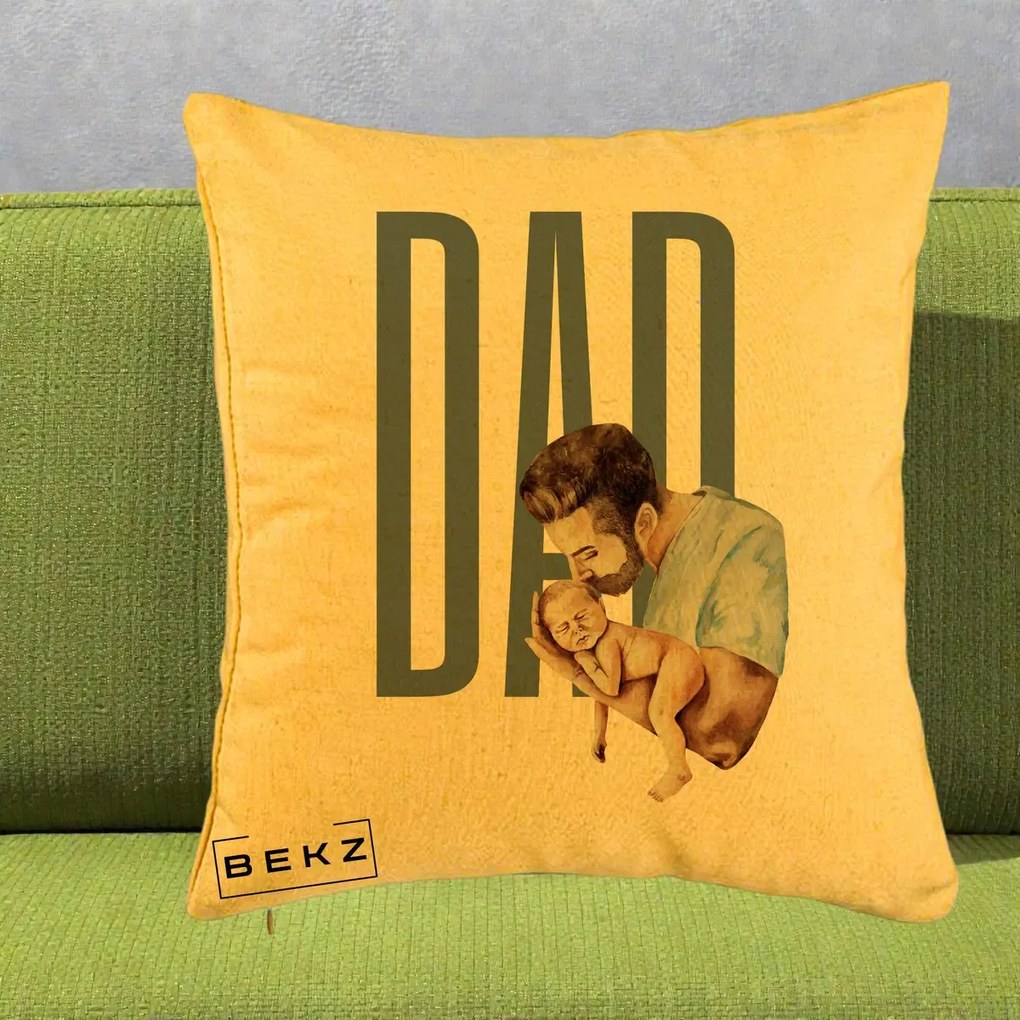 Cadou pentru Tata - Perna Personalizata DAD Tata si Nou-Nascut, 40x40 cm, Galben, Husa Detasabila, Perna Inclusa, BEKZ®