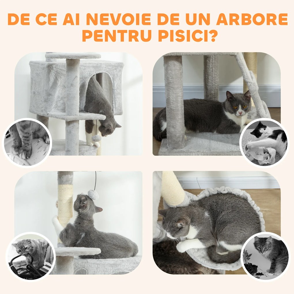 PawHut Arbore de Zgâriat pentru Pisici Înalt de 160 cm cu 2 Căsuțe, Hamac, Pat și Stâlpi din Sisal, Gri | Aosom Romania