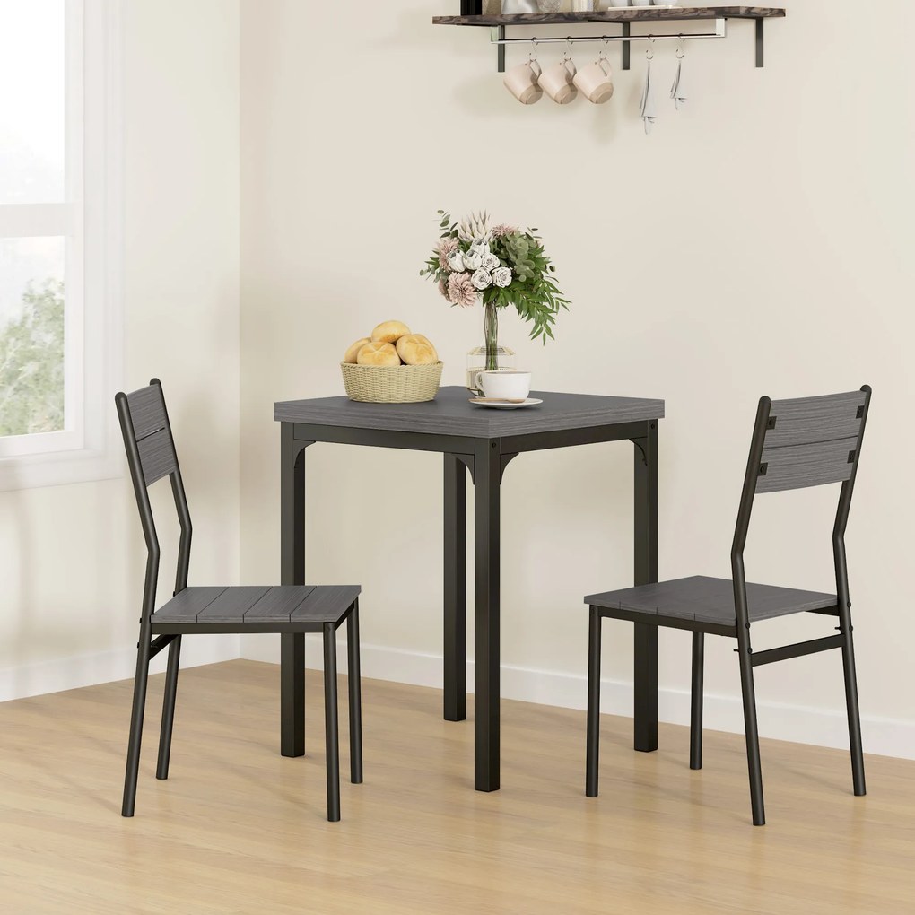 HOMCOM Set dining 3 piese, set masă, 1 masă, 2 scaune, MDF+metal, Gri | Aosom Romania