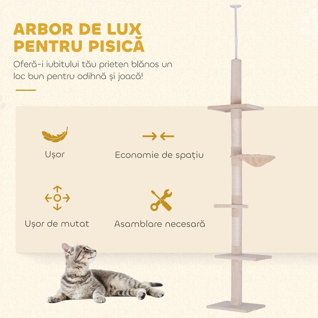 PawHut Centru de Joacă pentru Pisici cu Nivele Multiple, Hamac și Înălțime Reglabilă, 40x34x230-260cm, Bej | Aosom Romania