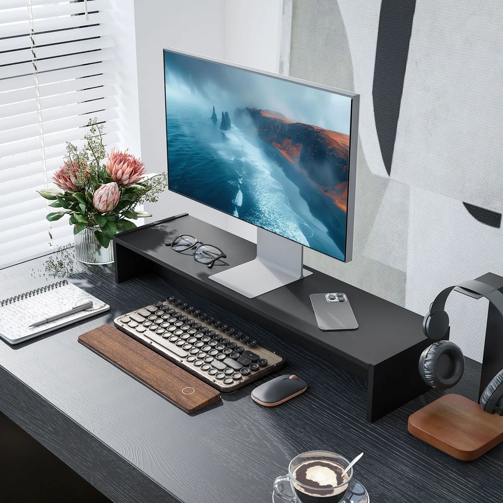 HOMCOM Suport Monitor PC până la 16 kg cu 2 Compartimente de Depozitare, 100x27x15 cm, Negru | Aosom Romania