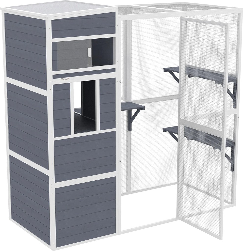 PawHut Cușcă pentru pisici în aer liber Casă din lemn cu 3 platforme acoperiș rezistent la intemperii zonă de odihnă pentru 3-4 pisici până la 10 kg Gri | Aosom Romania