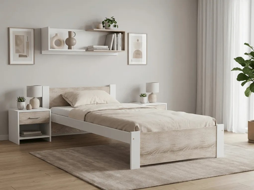 Pat de o persoana Ikaros, alb/stejar sonoma 90x200 cm Saltele: Cu saltele Deluxe 10 cm, Somiera pat: Cu lamele drepte