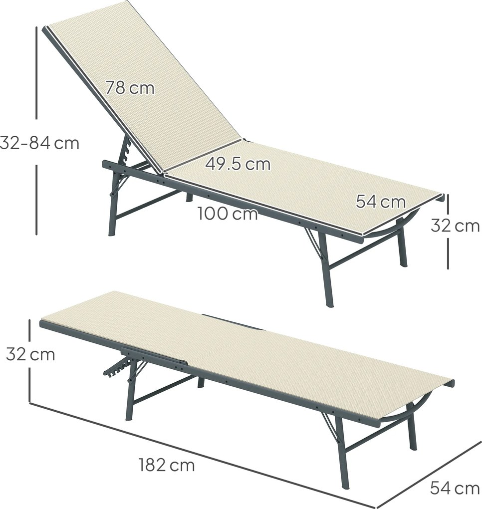 Outsunny Set de 2 șezlonguri pliabile din textilenă șezlong pentru grădină exterior reglabil 54 x 164 x 84 cm crem | Aosom Romania