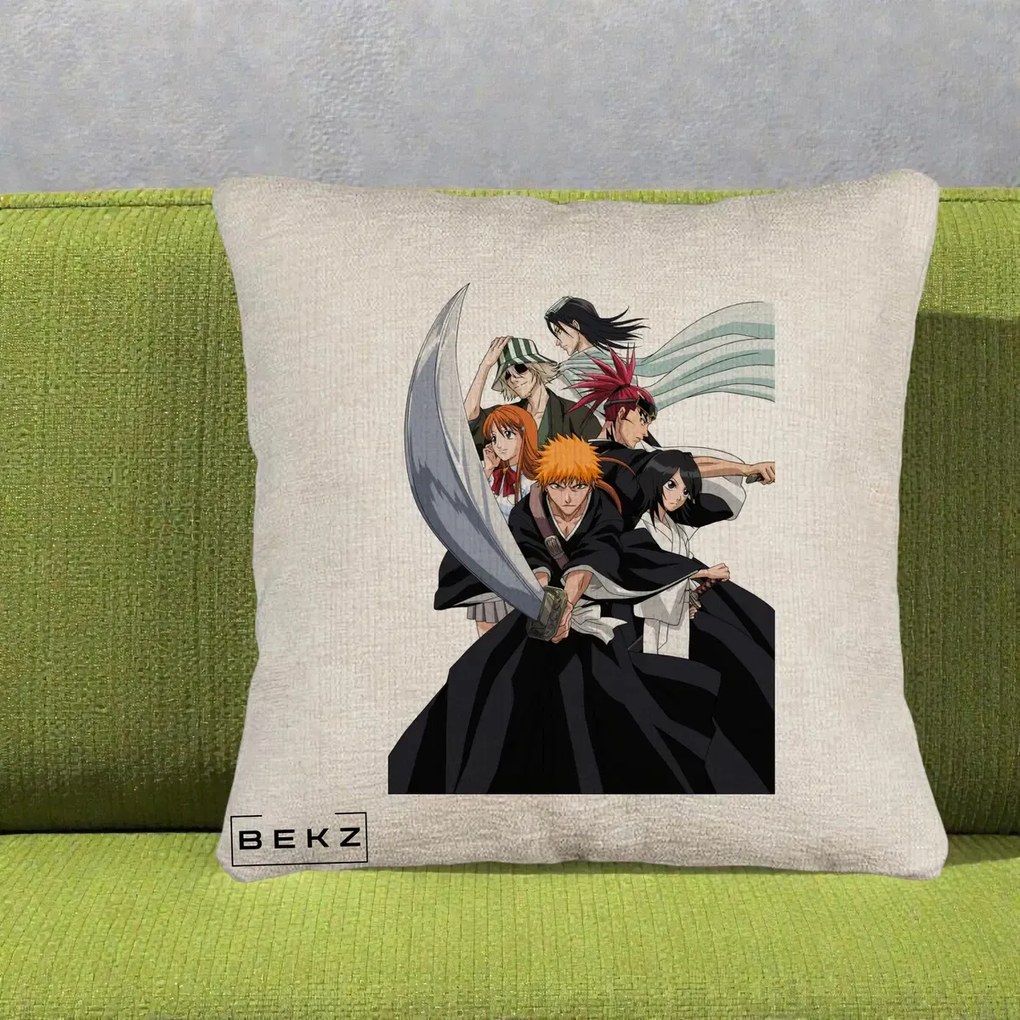 Perna Personalizata Bleach Grup Complet Ichigo si Prietenii, 40x40 cm, Bej Canapea, Husa Detasabila, Perna Inclusa, BEKZ®