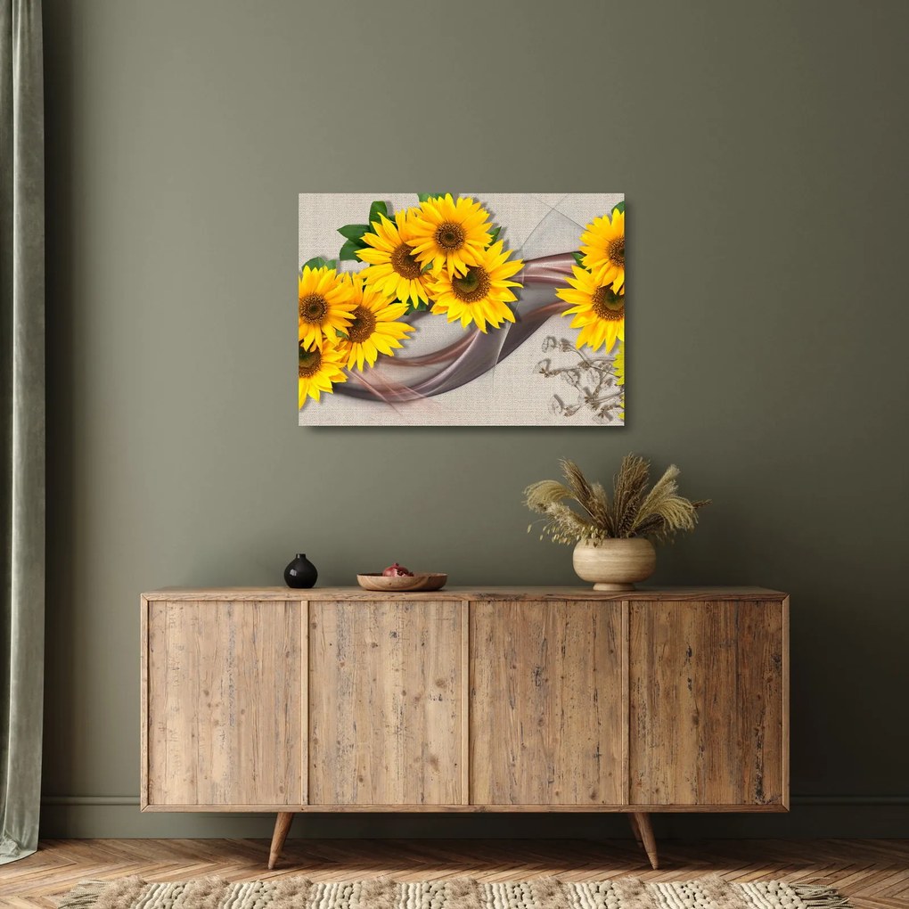 Tablou pe sticlă - Flori strălucitoare de floare soarelui (70x50 cm)