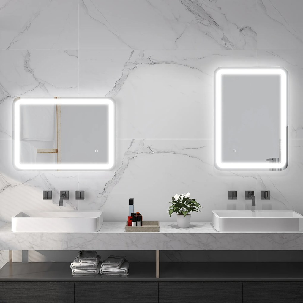 kleankin Oglindă LED, pentru Baie și Machiaj,lumina Reglabilă cu 3 Temperaturi de Culoare, Design anti-aburire, 70x50 cm, Argintiu | Aosom Romania