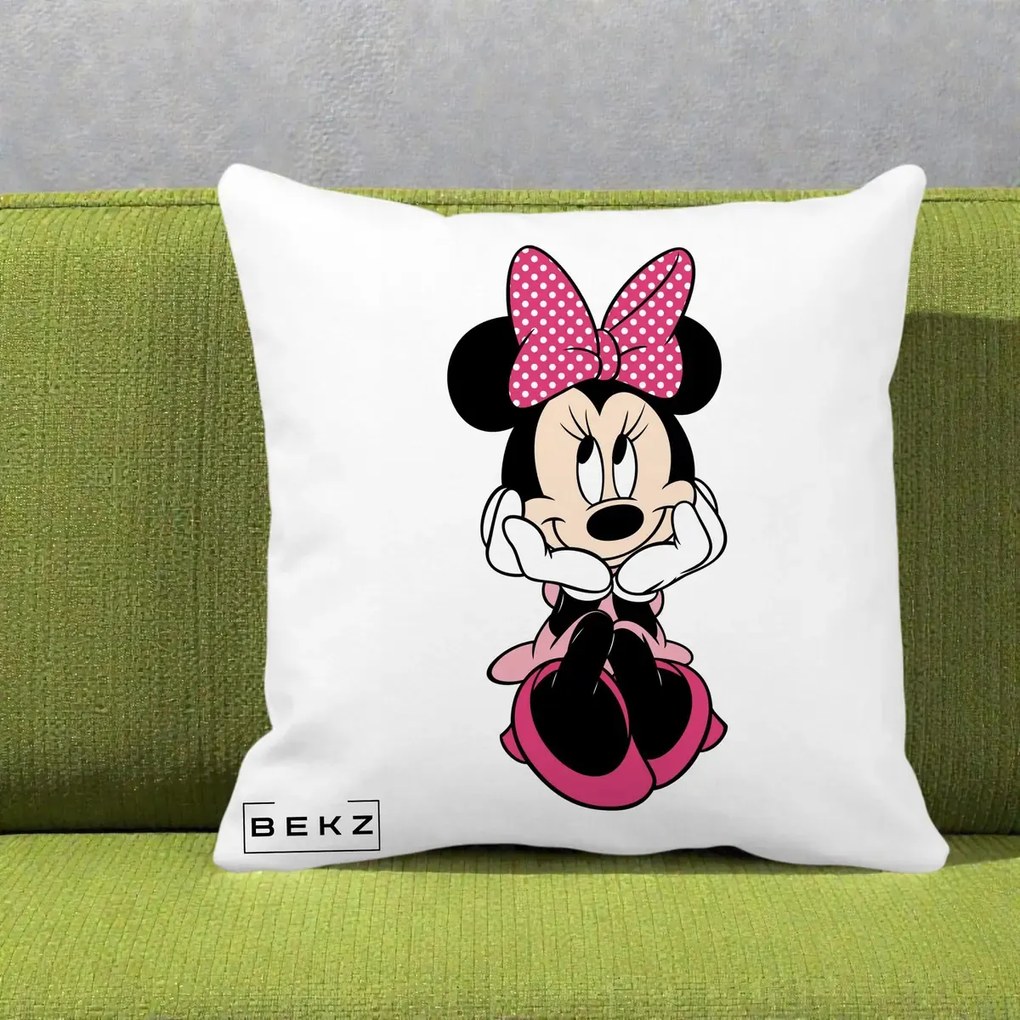 Perna Personalizata Minnie Mouse cu Fundita, 40x40 cm, Alba Mata, Husa Detasabila, Perna Inclusa, BEKZ®