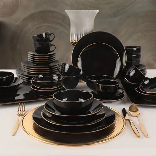 Set cina 275KRM1663, 44 piese, negru cu insertii aurii, 100% gresie ce