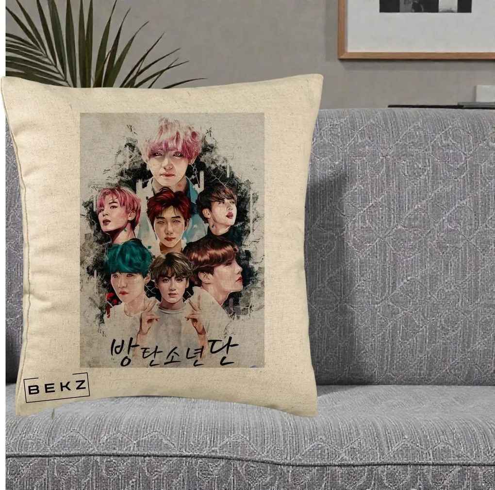 Perna Personalizata K-pop BTS Bangtan Boys Poster Artistic Negru Alb, 40x40 cm, Bej, Husa Detasabila, Perna Inclusa, BEKZ®
