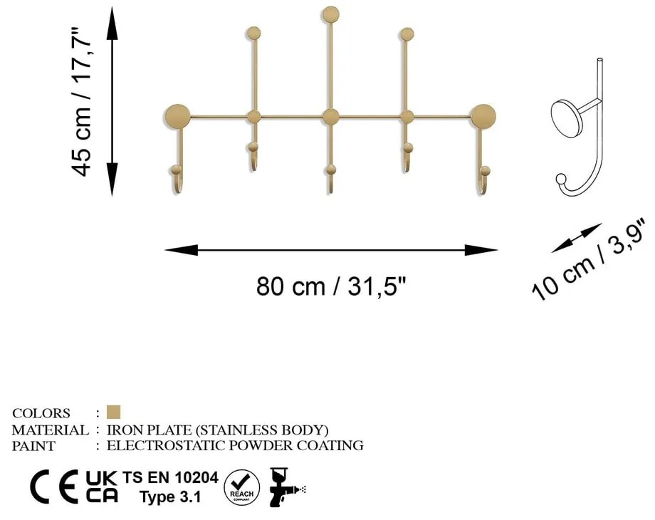 Cuier de perete auriu din metal Dama – Kalune Design