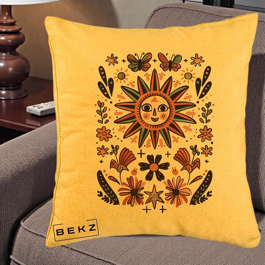 Perna Decorativa Soare Boho Folk Fluturi, 40x40 cm, Galben, Husa Detasabila, Perna Inclusa, BEKZ®