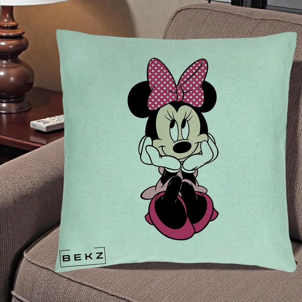 Perna Personalizata Minnie Mouse cu Fundita, 40x40 cm, Verde Menta, Husa Detasabila, Perna Inclusa, BEKZ®