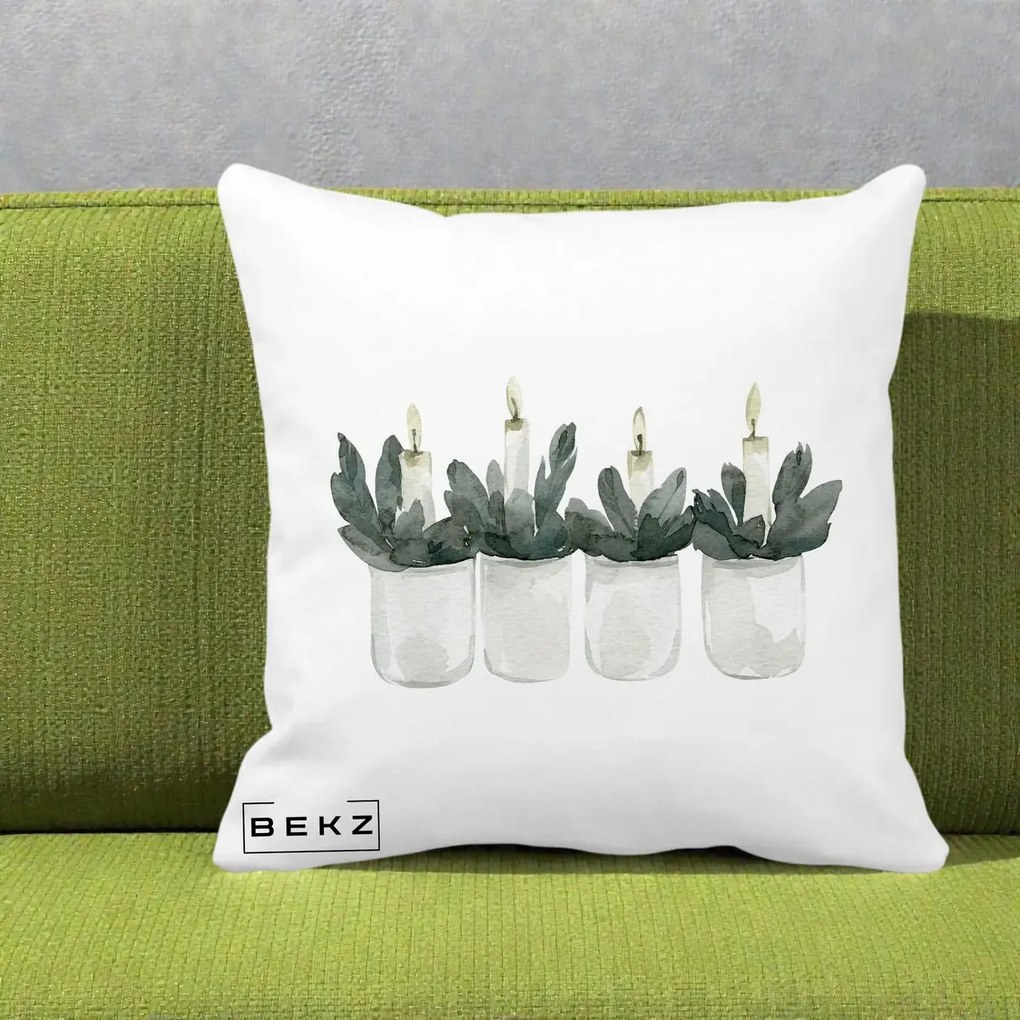 Perna Decorativa Lumanari in Borcane cu Eucalipt, 40x40 cm, Alba Mata, Husa Detasabila, Perna Inclusa, BEKZ®