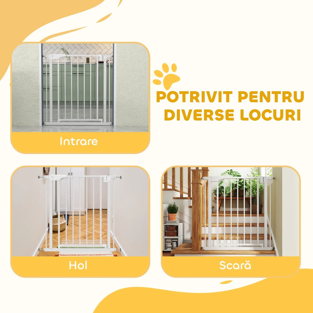 PawHut Poartă de Siguranță pentru Copii și Animale, Poartă pentru Câini cu Închidere Automată, Deschidere în Ambele Direcții, Montare prin Presiune, 76-82x76 cm, Alb | Aosom Romania