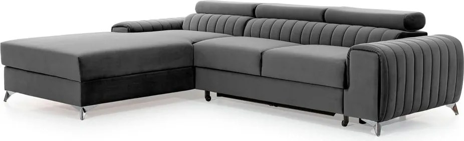 Colțar gri închis extensibil/cu spațiu de depozitare cu tapițerie din catifea (cu colț pe partea stângă/cu șezlong) Grayson – ELTAP