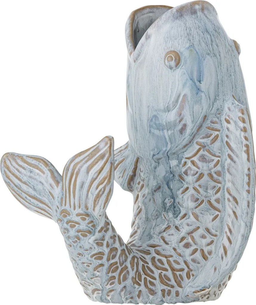 Vază din ceramică albastră, în formă de pește, cu solzi în relief, „Hiro", 17 x 13,5 x 21 cm