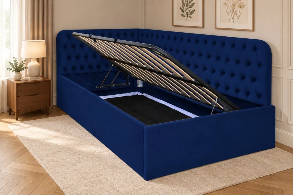 Pat tapițat pentru copii din catifea Elyra 140×200 cm, bleumarin, colț dreapta, cu ladă de depozitare