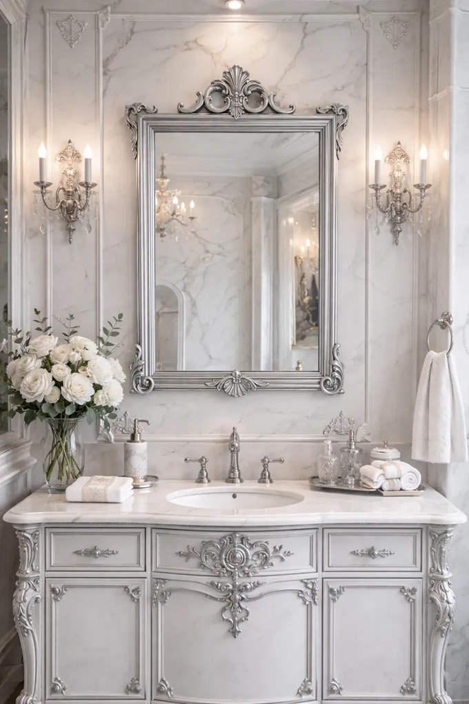 Oglindă decorativă de perete, ramă argintie, 60x90 cm